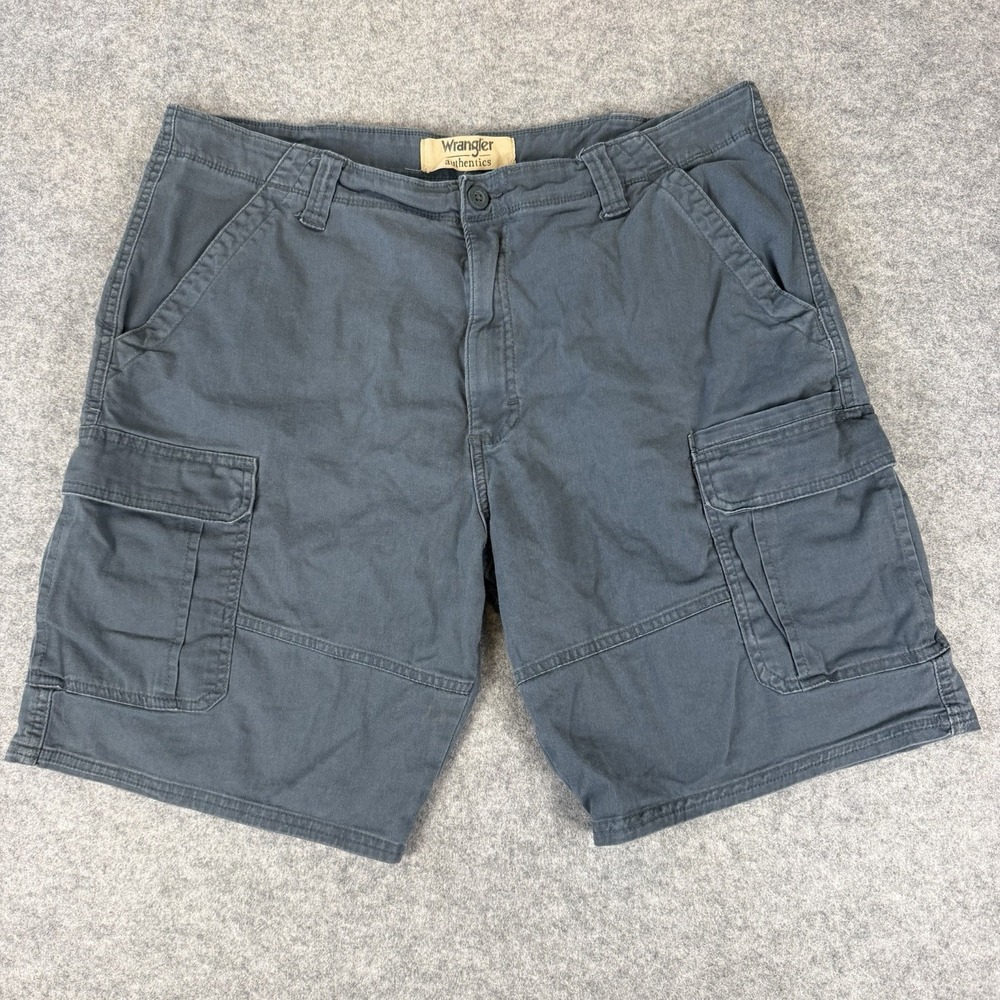 Wrangler Authentics Cargo Shorts Men 37 Grey Blue Cotton Casual Utility Flap